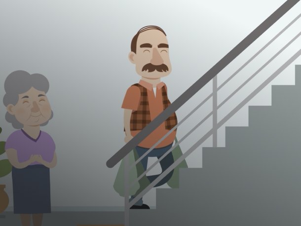 Rysunek z filmu dotyczącego nielegalnego poboru gazu przedstawiający mężczyznę wnoszącego po schodach siatki z zakupami
