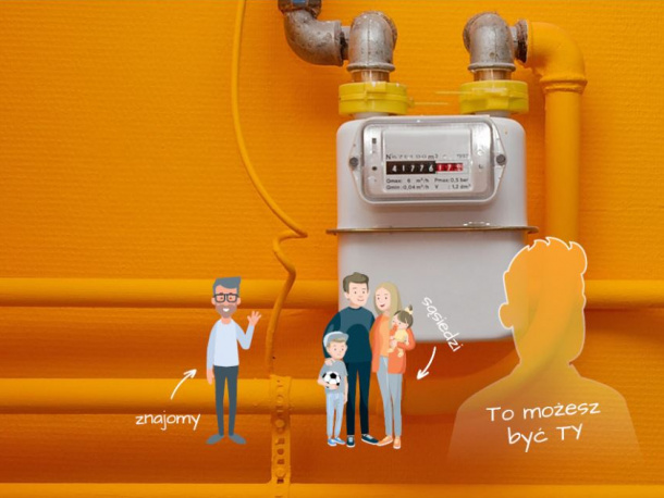 Grafika przedstawiająca rysunkowe postaci (rodzina z dziećmi i ich znajomy), w tle gazociąg oraz pomarańczowe rury gazowe