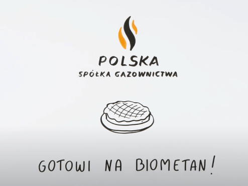 Grafika przedstawiająca rysowane logo PSG, szarlotkę i napis Gotowi na biometan