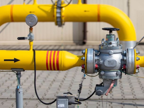 Gas pipeline, yellow pipes with pressure gauge and valve