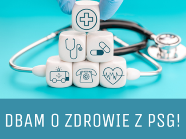 Grafika przedstawiające kostki do gry z rysunkami związanymi ze zdrowiem, z kostkami leży stetoskop, kostki ułożone w piramidę, pod grafiką napis Dbam o zdrowie z PSG