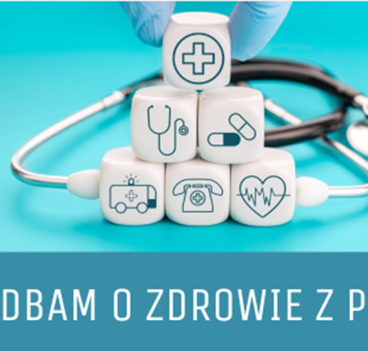 Grafika przedstawiające kostki do gry z rysunkami związanymi ze zdrowiem, z kostkami leży stetoskop, kostki ułożone w piramidę, pod grafiką napis Dbam o zdrowie z PSG