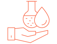 An icon symbolically depicting a hand seen from the side, above which there is a laboratory flask half-filled with liquid and a large drop next to it