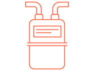 An icon symbolically representing a gas meter with gas pipe elements protruding from the inlet and outlet of the gas meter