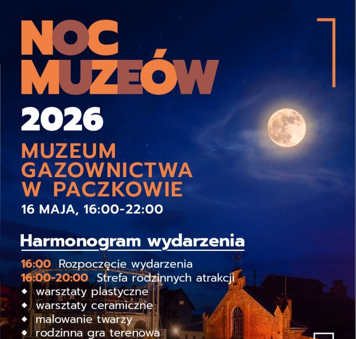 Plakat promujący noc muzeów w muzeum gazownictwa w paczkowie