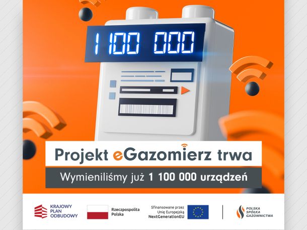 Grafika przedstawiająca gazomierz wraz z symbolami łączności bezprzewodowej na pomarańczowym tle
