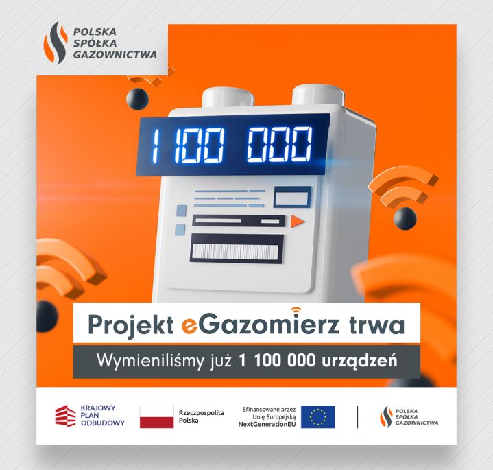 Grafika przedstawiająca gazomierz wraz z symbolami łączności bezprzewodowej na pomarańczowym tle